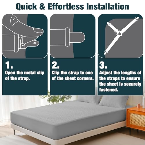 8 Pack Bed Sheet Fasteners, Adjustable Mattress Cover Straps with Metal Clips, Elastic Bed Corner Holders, Non Slip Sheet Clips, White Color