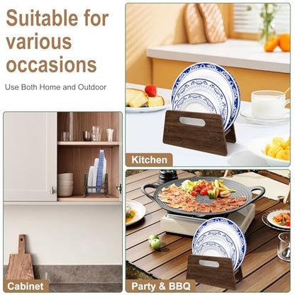 Wooden Disposable Plate Dispenser, Acacia Plate Holder for 5-12 Inches Paper Plastic Foam Plate Storage Organizer Rack Holder for Cabinet, Countertop, Rv or Outdoor Use (Black Acacia, 1PC)