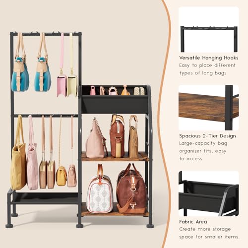 Purse Organizer for Closet - Purse Rack Stand with 12 Hooks, 2 Wooden Shelves Purse Storage for Closet, Large Capacity Backpack Storage, Handbag Organizer for Home, Living Room, Black