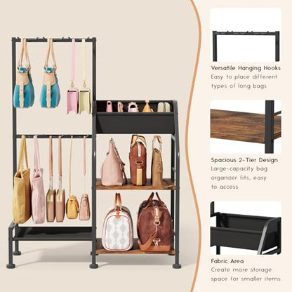 Purse Organizer for Closet - Purse Rack Stand with 12 Hooks, 2 Wooden Shelves Purse Storage for Closet, Large Capacity Backpack Storage, Handbag Organizer for Home, Living Room, Black