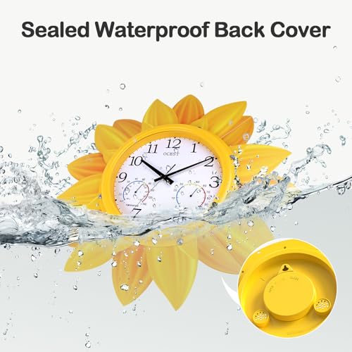 24 Inch Waterproof Sunflower Outdoor Clock, Thermometer Hygrometer | Silent non-ticking movement, metal petal design for patio, garden, pool, garage, porch, and backyard decor