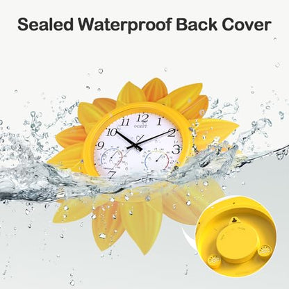 24 Inch Waterproof Sunflower Outdoor Clock, Thermometer Hygrometer | Silent non-ticking movement, metal petal design for patio, garden, pool, garage, porch, and backyard decor