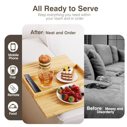 Couch Arm Tray, Bamboo Sofa Armrest Tray for Couch，Natural | Anti-Slip Couch Armrest Table, Foldable Couch Cup Holder for Dessert, Phone, Control, Cups