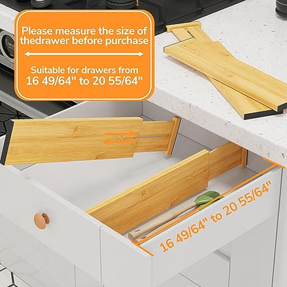 BAMEOS Bamboo Expandable Drawer Dividers – Fits 16.65"–22" Drawers, 4" Extra Deep Walls, Set of 4 | Maximum-Height Spring-Loaded Organizer for Deep Kitchen, Bathroom & Dresser Drawers