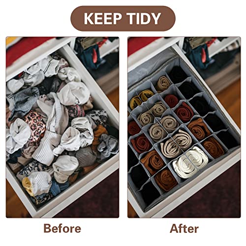 Gray Sock Organizer Divider 2 Pack with Lid - 30 Cell Foldable Closet Storage, Tie Organizer For Men Boxes for Socks, Ties, Belts