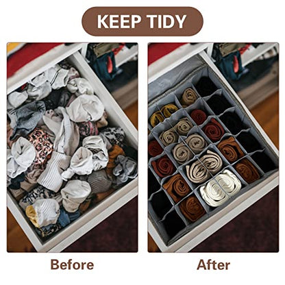 Gray Sock Organizer Divider 2 Pack with Lid - 30 Cell Foldable Closet Storage, Tie Organizer For Men Boxes for Socks, Ties, Belts