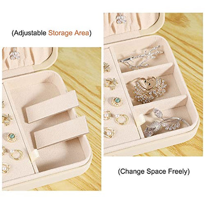 LANDICI Small Jewelry Box for Women Girls, PU Leather Travel Jewelry Case, Portable Jewelry Organizer Storage Holder Display for Ring Earrings Necklace Bracelet Brooch Men Kids Gift, Apricot