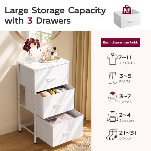 WLIVE Small Dresser Nightstand for Bedroom, 3 Drawers, White | 3 roomy fabric drawers, Compact nightstand, Bedroom or closet use, Chest of drawers, Dresser for small spaces