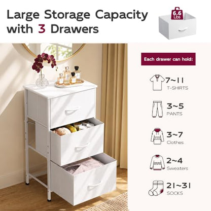 WLIVE Small Dresser Nightstand for Bedroom, 3 Drawers, White | 3 roomy fabric drawers, Compact nightstand, Bedroom or closet use, Chest of drawers, Dresser for small spaces