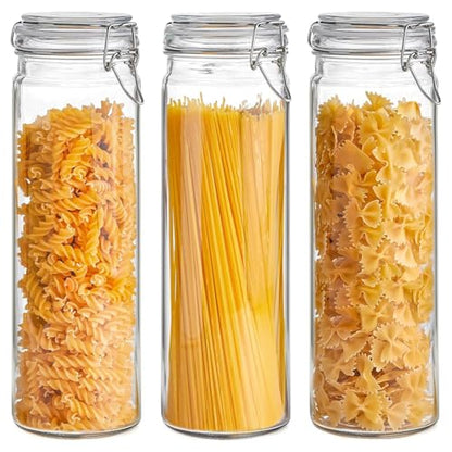 ComSaf Tall Glass Pasta Containers with Airtight Lids 68 oz 3 Pack Canister