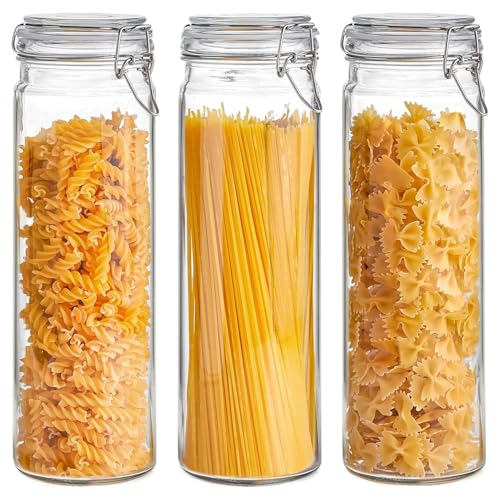 ComSaf Tall Glass Pasta Containers with Airtight Lids 68 oz 3 Pack Canister