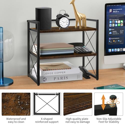 Desktop Shelf Organizer, 2 Tier Office Shelves, Wood Desk Organizer Storage Rack and Freestanding Display Shelf for Office, Dormitory, Home
