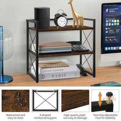 Desktop Shelf Organizer, 2 Tier Office Shelves, Wood Desk Organizer Storage Rack and Freestanding Display Shelf for Office, Dormitory, Home