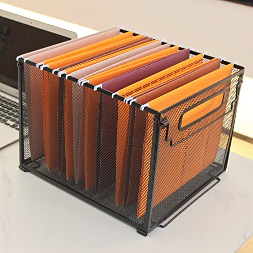 Letter Size Metal Hanging File Folder Organizer Crate Basket,Black | Mesh File Folder Holder & Filing Box with Handle,Stackable Rack for Office Supplies,Teacher Classroom & Home