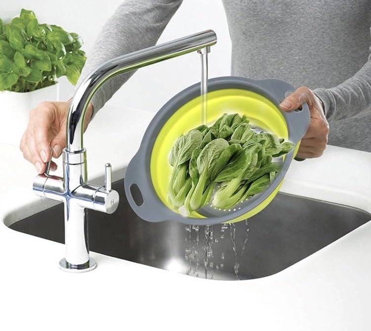 Set of 3 Niklye Ultimate Kitchen Strainers—1×10” & 2×12” Collapsible Silicone Colanders. Now more durable and robust for everyday use with pasta, veggies, fruit & more.