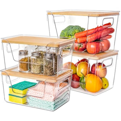 2 Large and 2 Small Pantry Organizers and Storage with Bamboo Lids, Stackable Clear Bins for Onion, Potato, Fruit, Vegetables, Trash Bag Dispenser, Kitchen and Under Sink Organizer