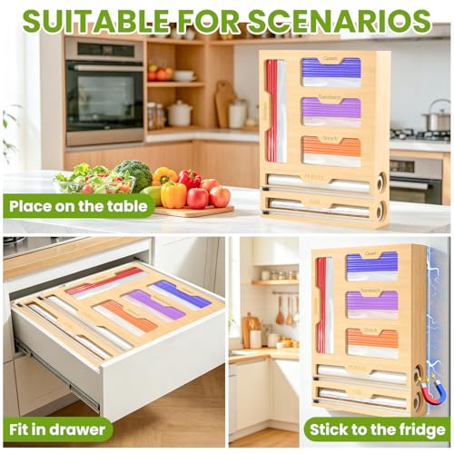 6-in-1 Magnetic Food Bag Storage Organizer for Drawer and Refrigerator, Bamboo Bag Organizer and Plastic Wrap Dispenser with Cutter, Fits Gallon, Quart, Sandwich, Snack Bags