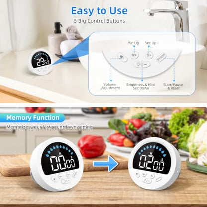 Waterproof Shower Timer for Bathroom Kitchen with Countdown Count-up, White | Large LED Display, 3 Brightness, 4 Volume, Battery Powered, Suction Cup Mounted Digital Stopwatch for Toilet Classroom