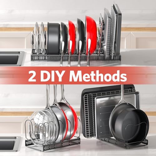 Pots and Pans Organizer under Cabinet, 11.8-22.8" 12 Dividers Black | Extends 11.8-22.8", Holds pot lids, pans, cookware and bakeware, Adjustable dividers, for under cabinet or countertop