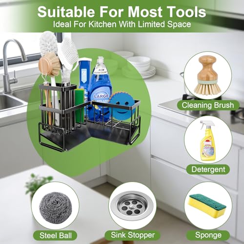 Large Sponge Holder for Kitchen Sink, 90-Degree Sink Caddy Storage | Self Draining Sponge Rack for Countertop, Metal L-Shaped Dish Soap Organizer with Brush Holder, Corner Sink Storage Ideas