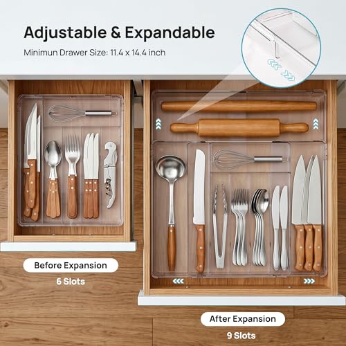 Vtopmart Expandable Silverware Organizer, Kitchen Drawer Tray, 6-9 Slots | Adjustable Flatware Organizer Expands to Fit Drawers, Organize Spoons, Forks, Knives and Kitchen Utensils with Easy Access