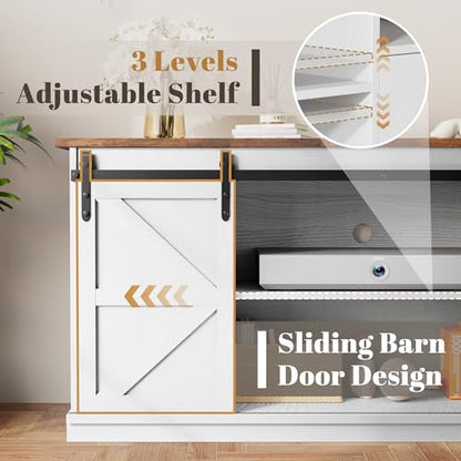 YESHOMY TV Stand for Televisions up to 65 Inchs, with Sliding Barn Doors and 4 Storage Drawers, Console Table and Media Furniture for Living Room, 58 Inch, Milk White