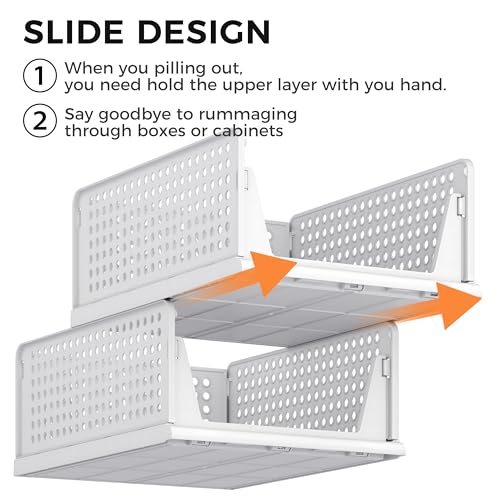 6 Pack Closet Organizer Storage Bins Stackable Plastic Drawer Shelf | Basket for Clothing Stackable Storage Bins Shelf Storage Container for Closet Wardrobe Bedroom Bathroom Office White Foldable