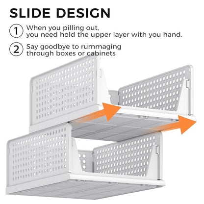 6 Pack Closet Organizer Storage Bins Stackable Plastic Drawer Shelf | Basket for Clothing Stackable Storage Bins Shelf Storage Container for Closet Wardrobe Bedroom Bathroom Office White Foldable