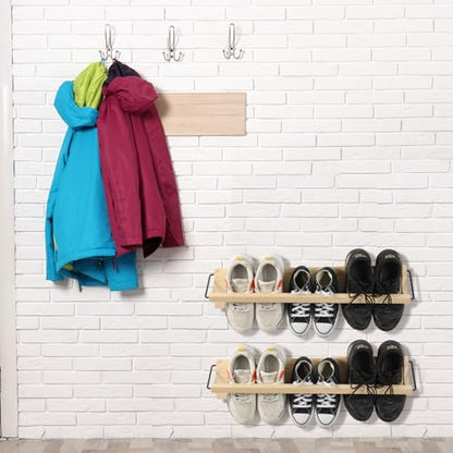 2 Pcs Wall Mounted Shoe Rack Organizer Wooden Modern Compact Wall Space Saving Shoe Holder Storage for Sneaker Footwear Slipper Boots Entryway Narrow Spaces Hallway(28.35'' Long)