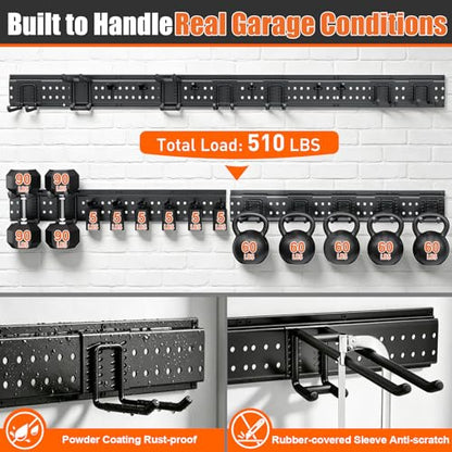 Garage Tool Organizer Wall Mount 66 inches with 13 Adjustable Heavy-Duty Hooks, Garage Organization, Garden Tool Storage Rack for Garage, Yard, and Shed, Holds Up to 520 lbs