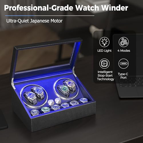 ANWBROAD Watch Winder for Automatic Watches, Watch Winder 4 Watches | 4 Watch Rotator and 6 Extra Storages with Quiet Motor and LED Backlight Turner Carbon Fiber Shaker 4 Rotating Modes UJWW002F