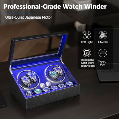ANWBROAD Watch Winder for Automatic Watches, Watch Winder 4 Watches | 4 Watch Rotator and 6 Extra Storages with Quiet Motor and LED Backlight Turner Carbon Fiber Shaker 4 Rotating Modes UJWW002F