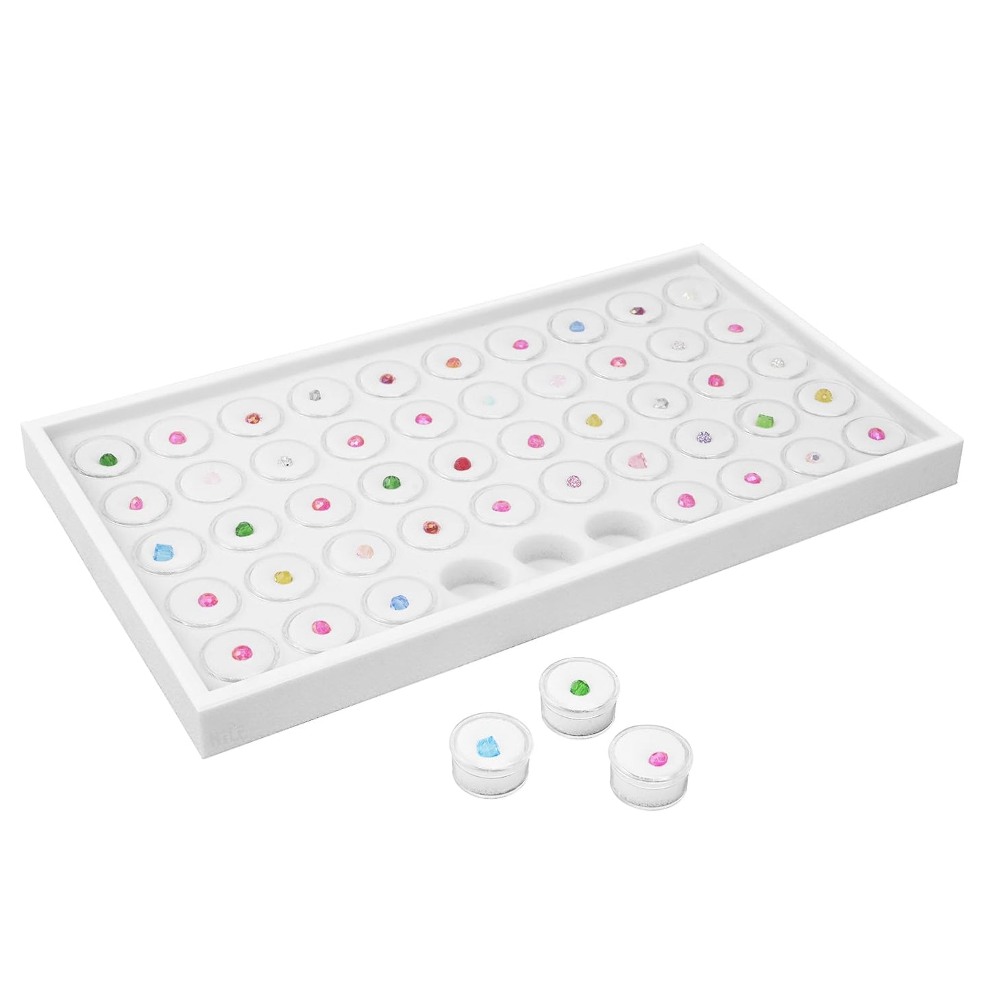Ikee Design 50 White Foam Gem and Bead Storage Jars Stackable Display Tray | Jewelry Storage Jars Showcase Stackable Tray Storage Box for Collectibles, Home Organization, 14.75 W x 8.25 D x 1 H in