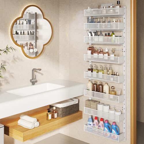 Pantry Door Organizers and Storage, 8-Tier Large Metal Heavy-Duty Frame Over the Door Spice Rack, 2 in 1 Wall-Mounted or Hanging shelf for Kitchen, Bathroom, Laundry Room, Bedroom, Closet &Nursery