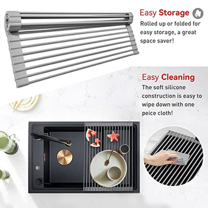 Roll Up Dish Drying Rack, Over The Sink Dish Rack Foldable, Heat-Resistant, Anti-Slip Silicone Coated Steel Dish Drainer for Kitchen Sink, Multipurpose Roll Up Sink Drying Rack, 17.5" x 13"