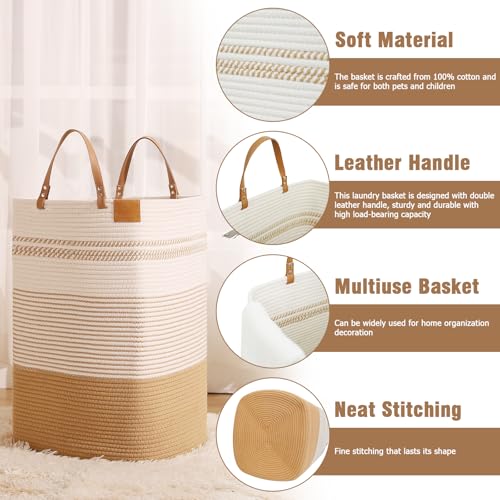 Large Laundry Hamper – 75L Tall Woven Cotton Storage Basket with Leather Handles, Slim Dirty Clothes Hamper, Decorative Storage Basket for Blanket,Toys White & Jute