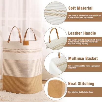 Large Laundry Hamper – 75L Tall Woven Cotton Storage Basket with Leather Handles, Slim Dirty Clothes Hamper, Decorative Storage Basket for Blanket,Toys White & Jute