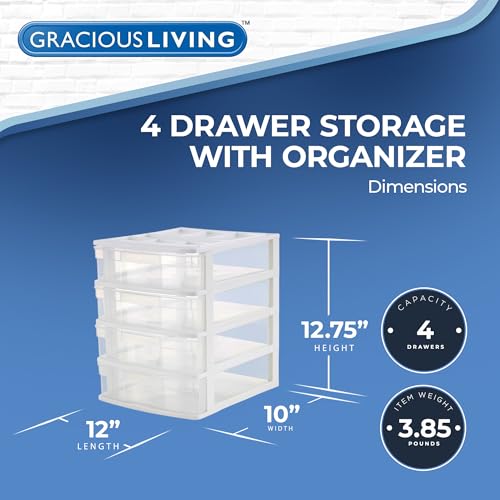 Gracious Living Drawer Organizer, 4-Tier Plastic Storage Desktop Drawers, White Frame - Stackable Clear Desk Containers & Organizers for Shelves, Bathroom, Closet, Kitchen Pantry & Office Organization