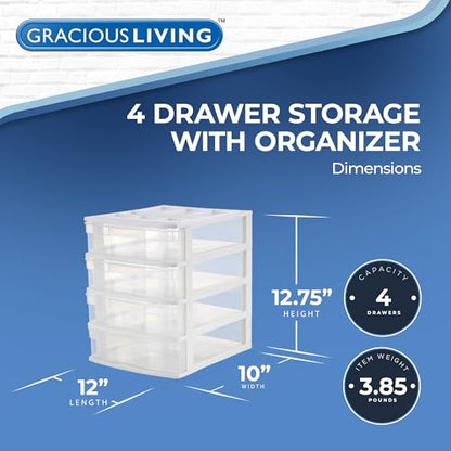 Gracious Living Drawer Organizer, 4-Tier Plastic Storage Desktop Drawers, White Frame - Stackable Clear Desk Containers & Organizers for Shelves, Bathroom, Closet, Kitchen Pantry & Office Organization