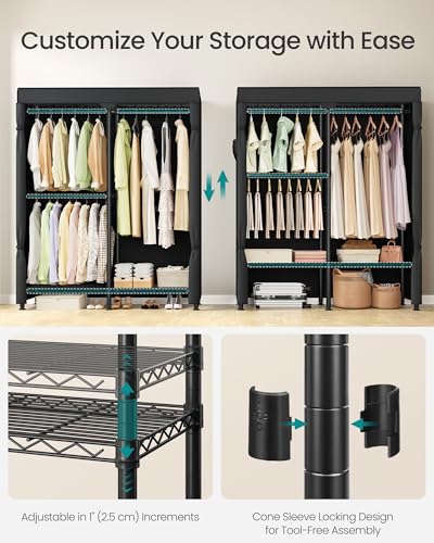 SONGMICS Clothing Rack, Heavy-Duty Garment Rack with Adjustable Storage Shelves and Hanging Rails, Fabric Cover, Freestanding Portable Wardrobe Closet, Ink Black ULGR424BH01