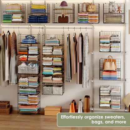 Hanging Closet Organizer and Storage - 8 Tier Closet Hanging Organizer Shelves, Metal & Foldable Hanging Storage Organizer Baskets with Adjustable Dividers for Clothing Sweaters Shoes Handbags