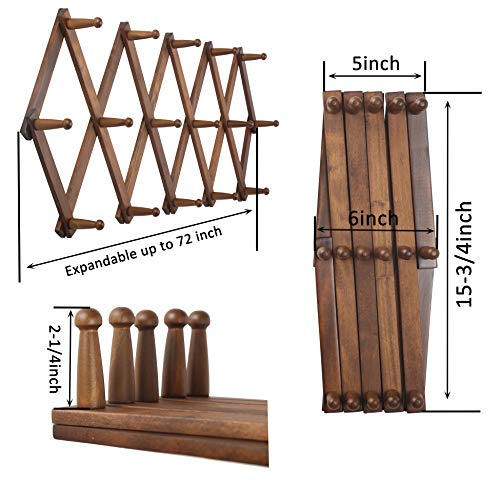 WEBI Accordion Wall Hanger, Wooden Coat Rack Wall Mounted, Hat & Cap Hook Rack, 16 Peg Hooks, Walnut Color