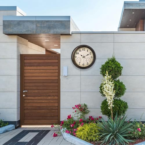 zyzamay 13 Inch Outdoor Clock with Thermometer and Hygrometer,BlackGold | Easy to Read,Non-Ticking Battery Operated Quality Quartz Waterproof Wall Clock, Decorative for Patio,Porch,Pool,Bathroom