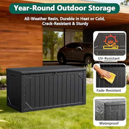 Outdoor Storage Box, 98 Gallon Deck Box, Outdoor Storage Bench, Waterproof Resin Storage Bench with Lockable Lid, Patio Furniture Cushions & Garden Tools Storage, UV Resistant (Black)