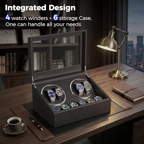 BEWISHOME Watch Winders for Automatic Watches, 4 Watch Winder | 6 Storage Case with Quiet Japanese Motor, Automatic Watch Winder Box Watch Rotator with Type-C Adapter, Carbon Fiber SYQ31C