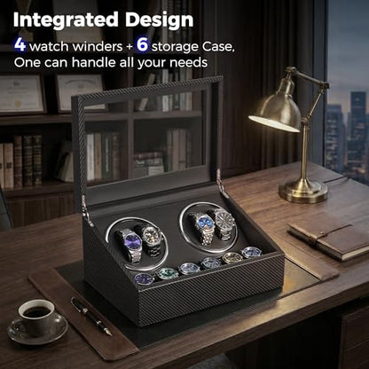 BEWISHOME Watch Winders for Automatic Watches, 4 Watch Winder | 6 Storage Case with Quiet Japanese Motor, Automatic Watch Winder Box Watch Rotator with Type-C Adapter, Carbon Fiber SYQ31C