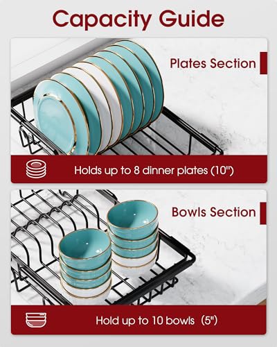 Dish Drying Rack in Sink - Expandable Stainless Steel Dish Rack Over the Sink, Kitchen Sink Drain Strainer with Cutlery Holder & Cup Holders, 15.4 x 9.8 x 3.0 Inch, Black