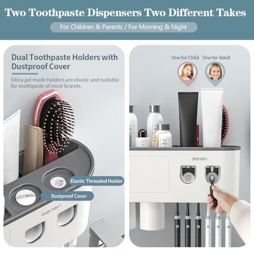 Toothbrush Holders for Bathrooms Wall Mounted, 6 Slot Toothbrush Holder with 2 Automatic Toothpaste Dispensers, 2 Magnetic Cups, Large Capacity Bathroom Organizer, Wall Storage with Drawer