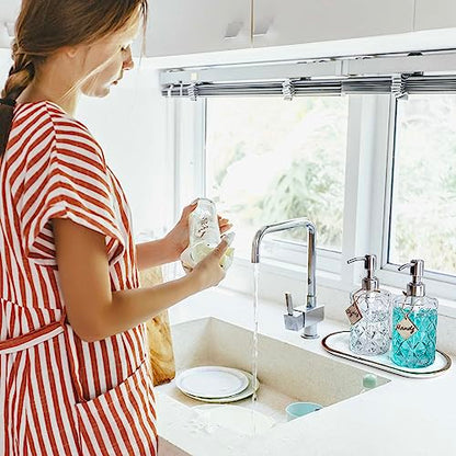 JASAI 2Pack Diamond Embossed Glass Soap Dispenser with 304 Rustproof Stainless Steel Pump, 12 OZ Bathroom soap Dispenser with A Wooden Tag, Elegant Hand Soap Dispenser for Bathroom & Kitchen