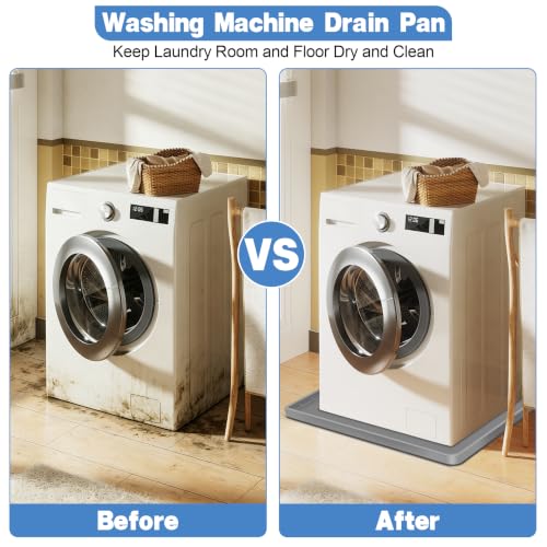ToLanbbt 27" x 27" Washing Machine Drain Pan Mat, Soft Silicone Washer Drip Tray with 0.78" Raised Edge, Water-Proof Anti-Vibration Leak-Proof Floor Protector for Under Washer, Dryer, Fridge (Gray)